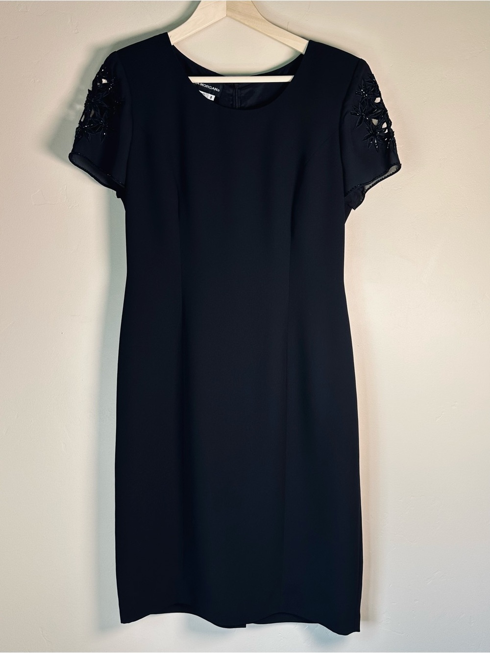 Donna Morgan Size 8 Black Midi Elegant Sheath Dress with Embellished Sleeves